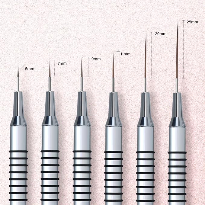 Komall Metallic Nail Art Brushes, 6Pcs Non Slip Liner Brush Set, UV Gel Polish Painting Art Design Pen for Long Lines, Thin Details, Fine Drawing Sizes 5/7/9/11/20/25mm(Silver)