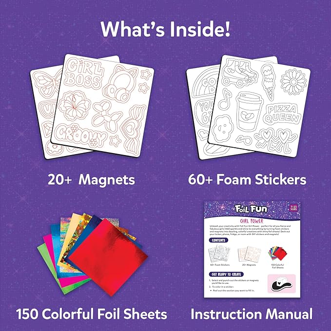 Skillmatics Foil Fun - Girl Power, DIY Foil Art Craft Kit, Mess-Free Activity, 20+ Magnets & 60+ Stickers, Travel, Screen-Free Fun, Party Favor for Kids, Tweens, Teens (Ages 7-13)
