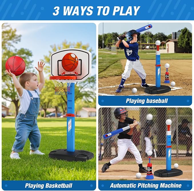 HYES 2 in 1 Kids Basketball Hoop and T Ball Set - Adjustable Height, Kids Baseball Tee with Automatic Pitching Machine, Indoor Outdoor Sport Toys Gifts for Toddler Boys Girls Age 1-5, Blue