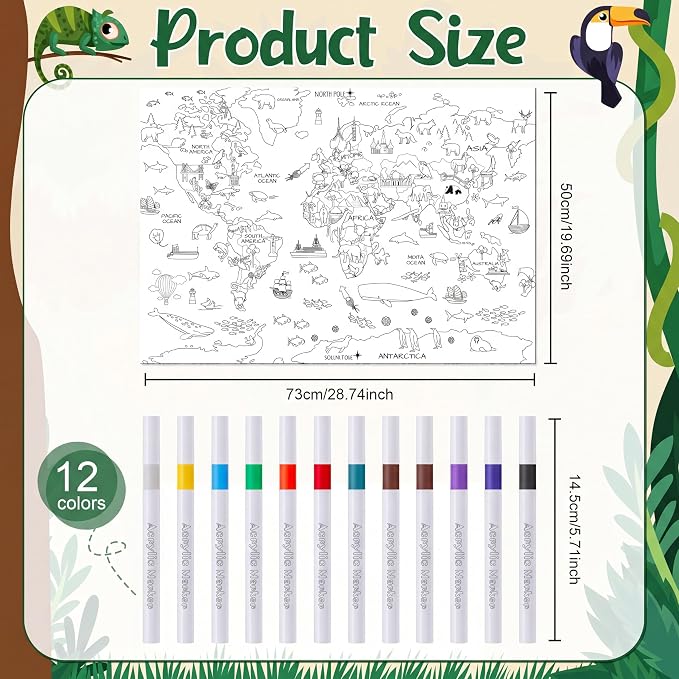 Mindsoft Coloring Craft Coloring Pillowcase World Map Pillowcase with 12 Pcs Markers Pens for Decoration Supplies Craft, 28.7 x 19.7 Inch