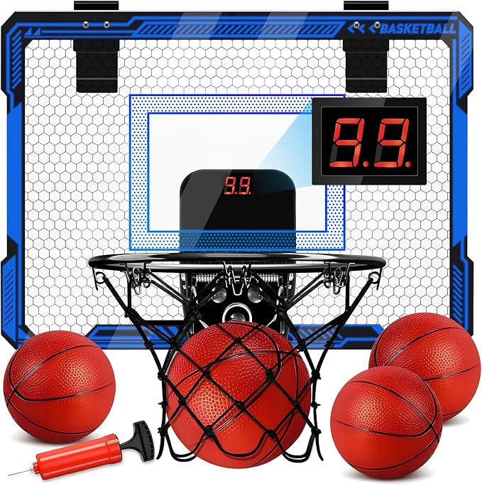 Molutsody Over The Door Basketball Hoop, for Kids (Blue) | Mini Hoop with LED Light & Scoreboard. Includes 3 Balls & Air Pump. Gifts for 4-12 Year Old Boys Girls