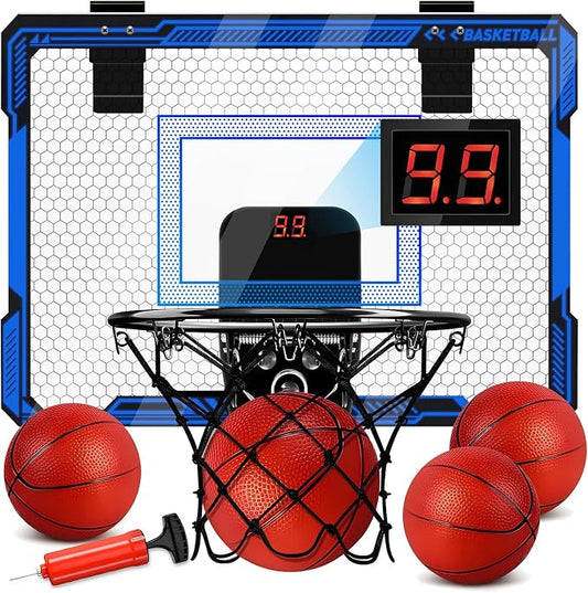 Molutsody Over The Door Basketball Hoop, for Kids (Blue) | Mini Hoop with LED Light & Scoreboard. Includes 3 Balls & Air Pump. Gifts for 4-12 Year Old Boys Girls