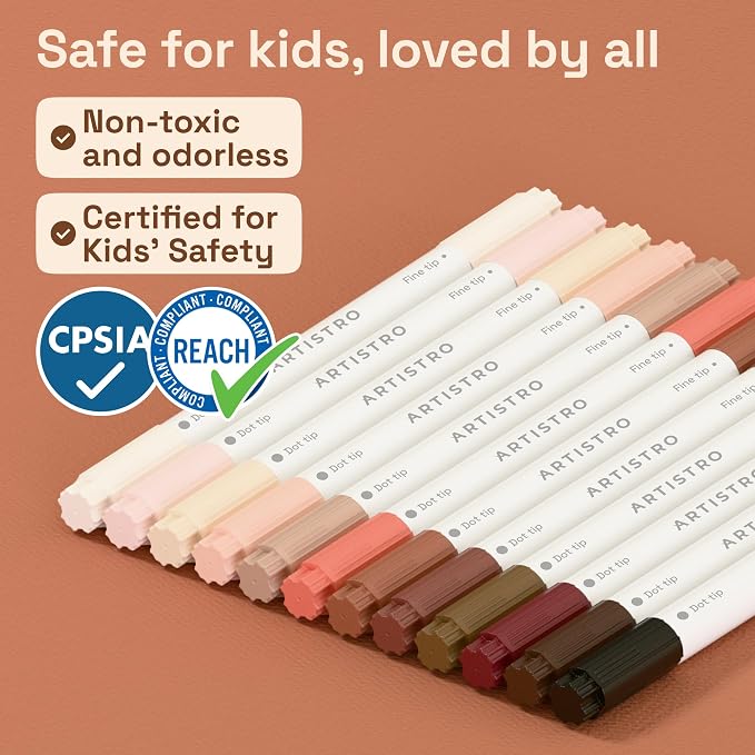 ARTISTRO 12 Skin Tones Dual-Tip Acrylic Paint Markers – Paint Pens Set with Dot & Fine Tips for Fabric, Rock, Glass, Wood, Coloring Books – Arts & Crafts Gift – Classroom Must Haves & School Supplies