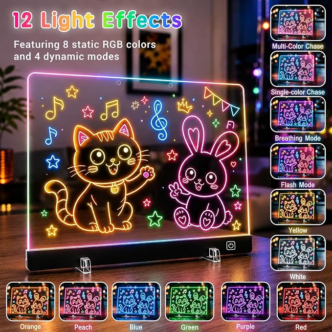 Rechargeable Led Drawing Board for Kids' Dry Erase Boards w/ 12 LED Light Effects,Art Kit Drawing Tablet,Drawing Pad for Kids Gifts for Boys,Girl Birthday Gift for 3-6 7 8 9 10 Year Old Travel