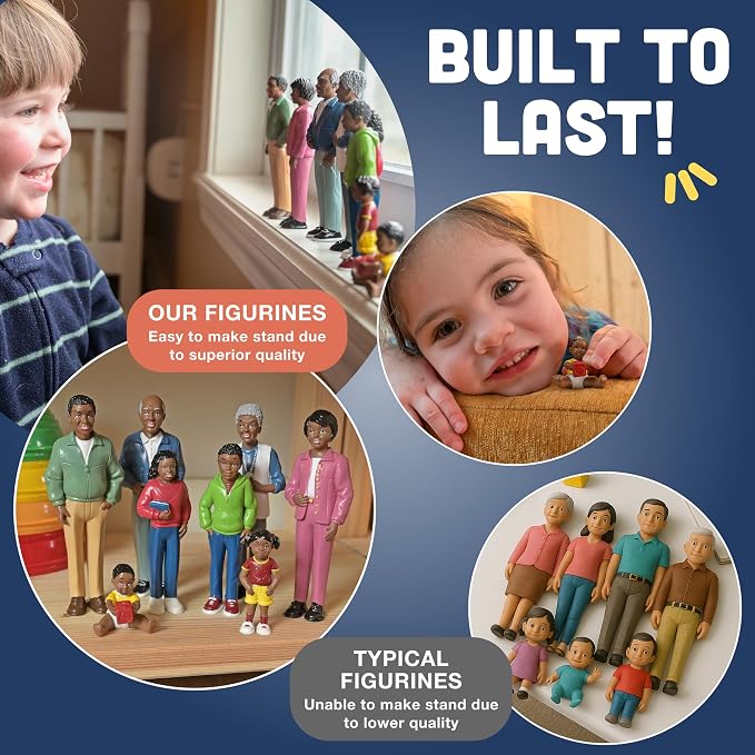 Creative Minds Marvel Education African American Family Toy Figure Set for Kids Ages 3+, Set of 8 Inclusive and Diverse Dollhouse Toy Figurines, Multicolor