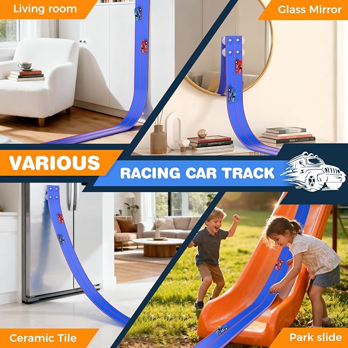 TAEMVV 15 Ft Dual Flexible Race Track for Kids, DIY Ramps Car Track Set Compatible with Hot Wheels 1/64 Diecast Cars, Reinforced Suction Cup for Boys Girls 3+, Blue&Red