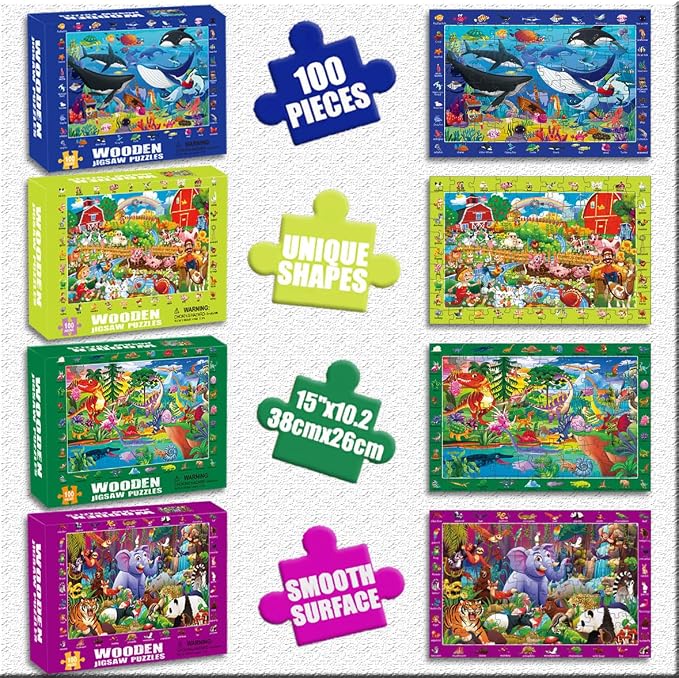 4 Packs 100 Piece Puzzles for Kids Ages 4-6 - Jigsaw Puzzles for Kids Ages 6-8 8-10 100 Piece Jigsaw Puzzle for Adults Toddler Children Learning Educational Puzzles Toys Gifts for Girls Boys