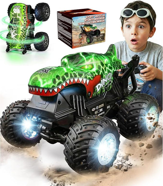 BEZGAR 1:20 Monster Truck Toys, 360°Stunt RC Cars Rotation Dinosaur Toys with Music, 2 Batteries and Wireless LED Strobe Lights, Remote Control Car for Boys 4 5 6 7 8 9 Years Old(Green)