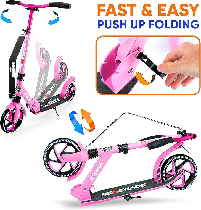 Hurtle Renegade Kick Scooter for Kids, Teenagers & Adults - 2-Wheel Folding Scooter with Adjustable T-Bar Handlebar - Alloy Anti-Slip Deck