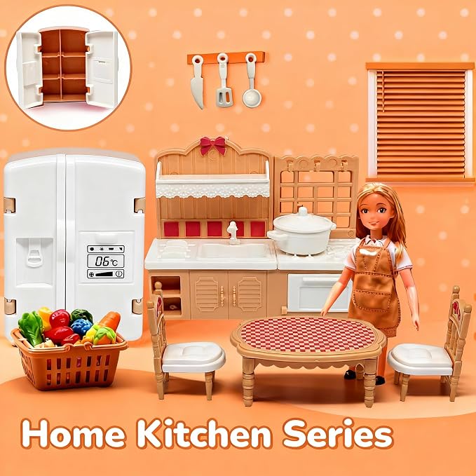 Dollhouse Furniture Set, 38 Pcs Miniature Doll House Accessories with Dogs and Cat ，Kitchen Bedroom Living Room Bathroom Furniture, Toy for Kids Ages 3+ Boys Girls, Great Gift Idea