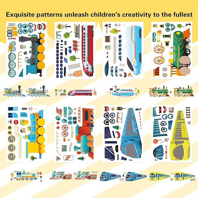 24 Sheets Train Stickers for Kids, Make-a-face Sticker, Make Your Own Train Mix and Match Stickers for DIY Crafts Party Supplies School Activity Reward Birthday Gifts