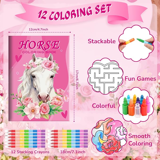 BenLouis 12 Horse Floral Mini Coloring Books Kids with 12 Stacking Crayons Cowgirl Party Favors Small Activity Books Bulk for Kids Girls Horse Racing Flower Party Gift Goodie Bag Stuffers