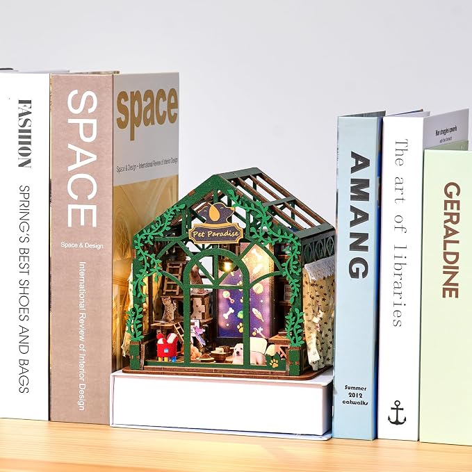 DIY Miniature Dollhouse Kit,3D Wooden Puzzles for Adults to Build, Birthday/Christmas Day Gift for Pet Lovers,Mini Furbabies‘ House with LED Lights,Pet Paradise