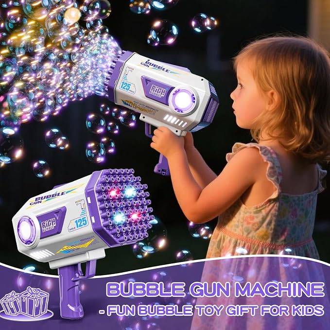 Deserthome Bubble Gun, 125 Holes Bubble Machine Gun, Bubble Blaster Gun for Kids, Rechargeable Bubble Gun with Bubble Solution, Easter Toy Party Favors Bubble Maker for Wedding Birthday (Purple)
