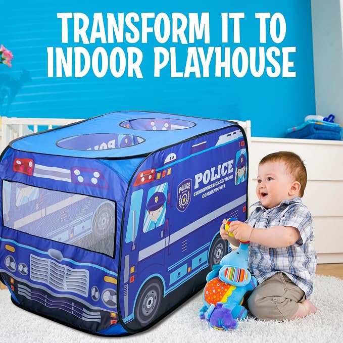 Playbees Musical Police Car Pop Up Play Tent with 3 Openings - Tent for Toddlers - Indoor & Outdoor - Pop Up Tents for Kids - Includes Carry Bag and Sound Button- 43.5x28x26.5 Inch