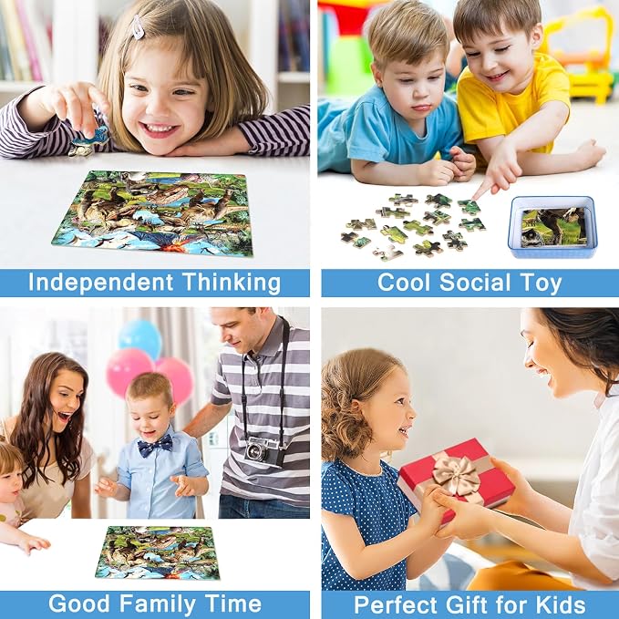 MZZOTOY Dinosaur World Puzzles for Kids Ages 4-8, 100 Pieces Jigsaw Puzzles for Kids Ages 3-5 Puzzle for Girls and Boys Learning Educational Puzzles Toys in a Metal Box