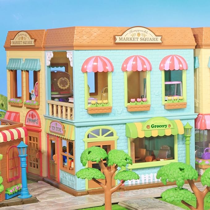 Li'l Woodzeez – Honeysuckle Square Market & Shopping Playset with 24 Pieces, Miniature Animal Figures & Accessories for Imaginative Play, 3+ Years