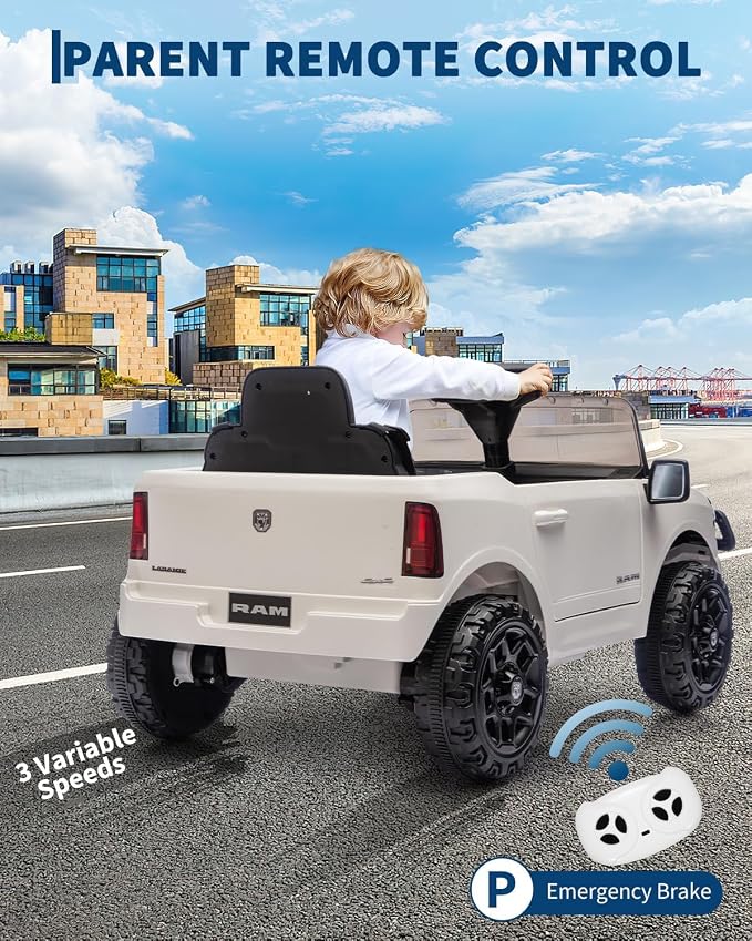 Garvee Kids Ride On Cars, Licensed RAM 12V Electric Ride On Truck Car w/Remote Control, Electric Pickup Car for Toddlers, Spring Suspension, LED Lights, Music, Ride On Toys for Boys Girls