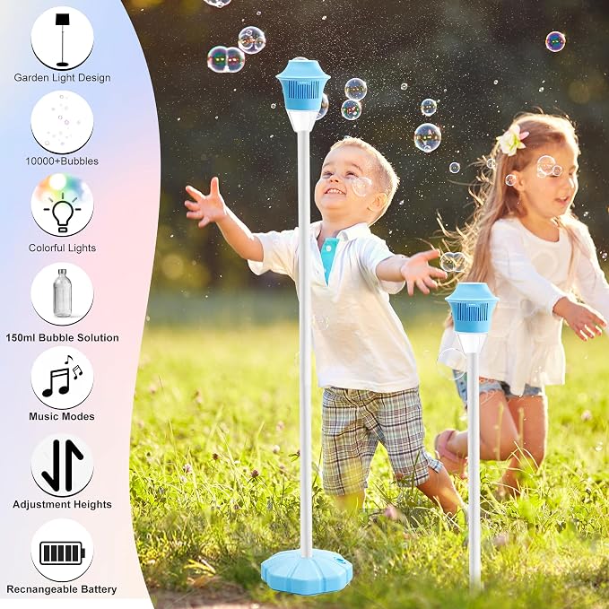 Blue Adjustable Bubble Machine Stand Rechargeable Lights Music Outdoor Lamp | 21-47in Vertical Bubble Torch Wedding Birthday Christmas Garden Decor