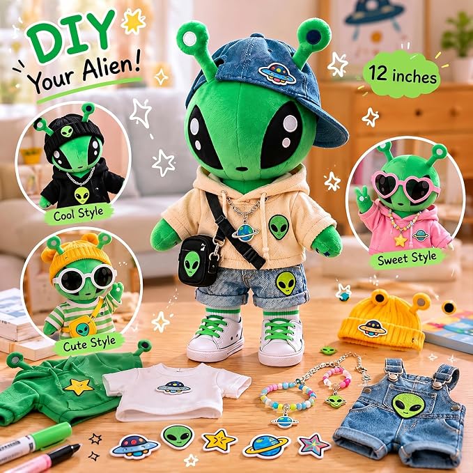 51-PCS Alien Plush Toy Set | 1 Green Alien Plush + 50 Space Themed Stickers | DIY Cosplay Ultra Soft Stuffed Alien Creature Figure | Cute Stuffed Animal Pillow | Ideal Gift for Sci-Fi Lovers Decor