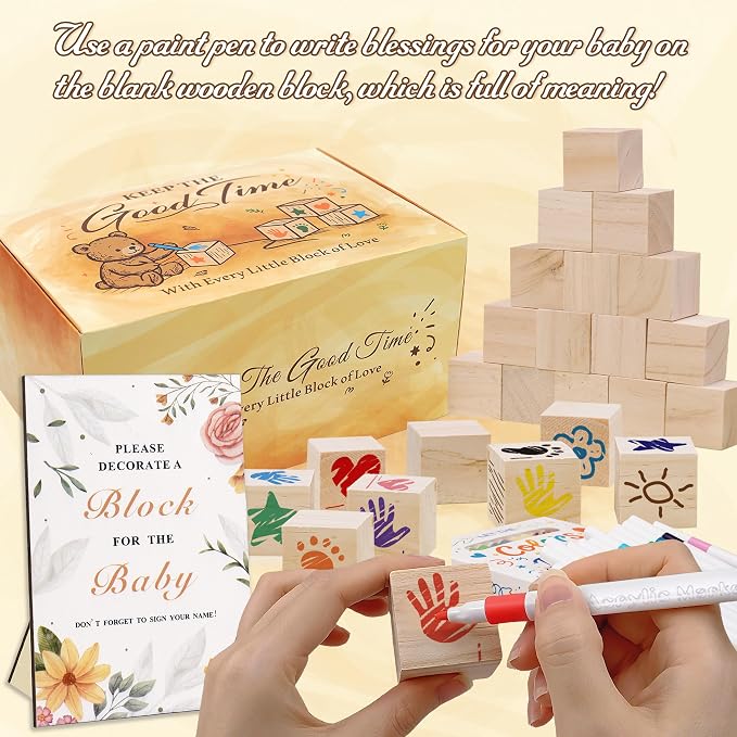77 PCS Shower Games Sign Kit for Boys Girls, 1 Wooden Game Sign, 52 Blank Wooden Blocks for DIY Drawing, 24 Markers, Shower Game for Gender Reveal Activity, Shower Ideas Decorations