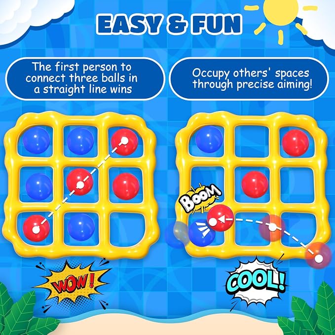 MGparty Pool Toys Games Set - Inflatable Tic Tac Toe Pool Toy with 10 Balls - Summer Outdoor Water Fun for Kids Adults Teens Family Swimming Pool Float Beach Backyard Party Game (2-10 Players)