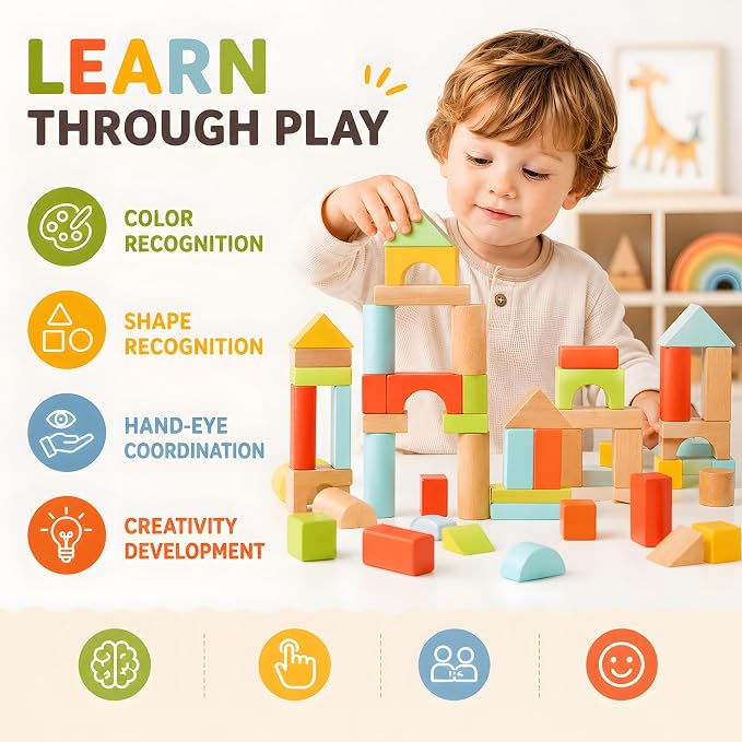 100pcs Building Blocks for Toddlers 1-3, Wooden Blocks for Kids with Storage Bucket and Shape Sorter, Stacking Toys or 1 2 3 Year Old, Learning Toys for Preschool Girls and Boys