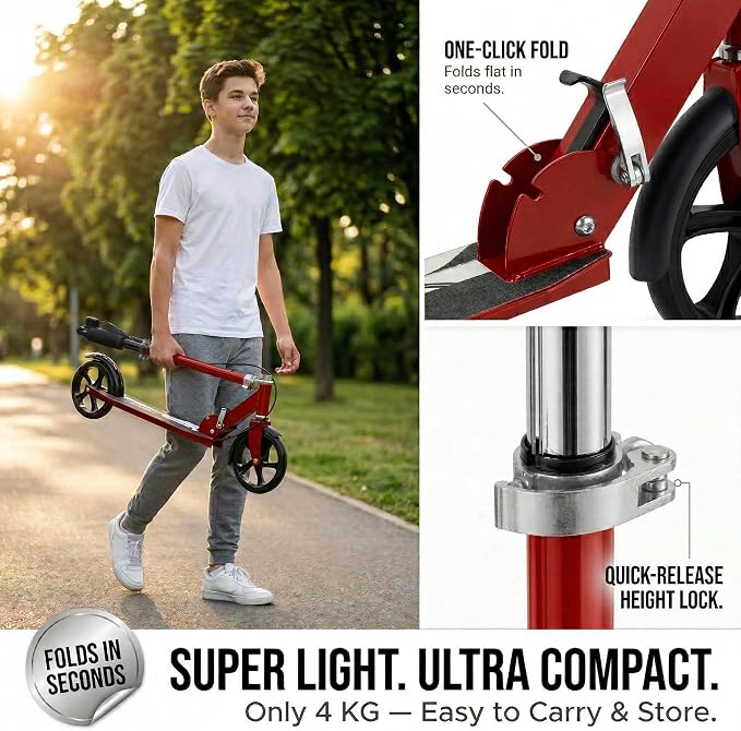 Non-Electric Scooters for Kids 8-12, Teens & Adults - Foldable Commuter Scooter with 8" Wheels, Bell, Hand Brake & Adjustable Height 30"-40.5", 220LB Capacity, Manual Push Scooter for Campus & Park
