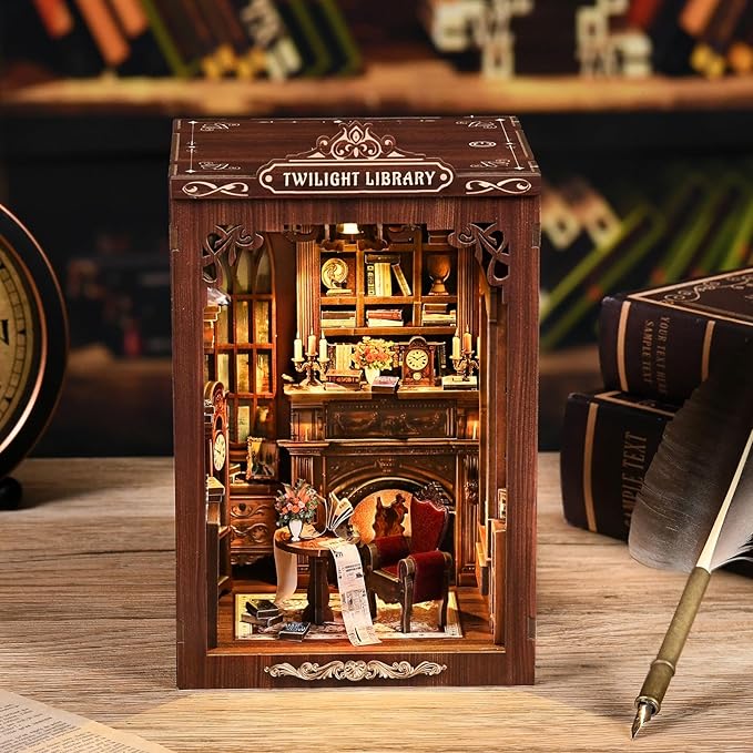 DIY Miniature House Kit, Library Book Nook Kit, 3D Wooden Puzzles Bookshelf Craft Kits, Dollhouse Kit with LED Light, Mini Building Kit for Adults Teen to Build (Twilight Library)
