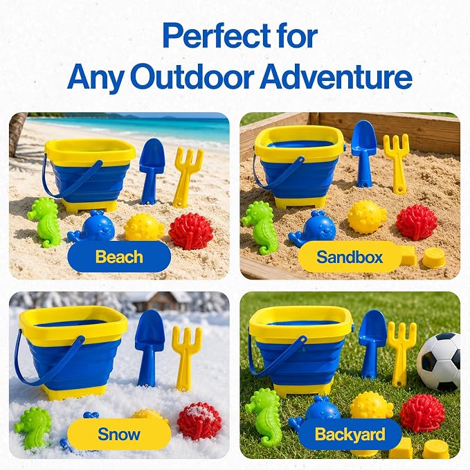 Beach Toys for Kids, 12-Piece Foldable Sand Toy Set, Silicone Beach Bucket, Sand Toys for Toddlers Ages 2-8, Beach Bucket and Shovel Set, Outdoor Beach and Sandbox Toys (Blue Set)