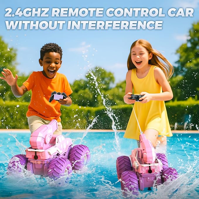BEZGAR Amphibious Remote Control Car for Girls - Pink Monster Truck Toys 1:16 RC Boats 2.4GHz Waterproof Tank with Shooting Water Pistol, 4WD All-terrian Off-Road Pickup Outdoor, Girls Kids Gifts