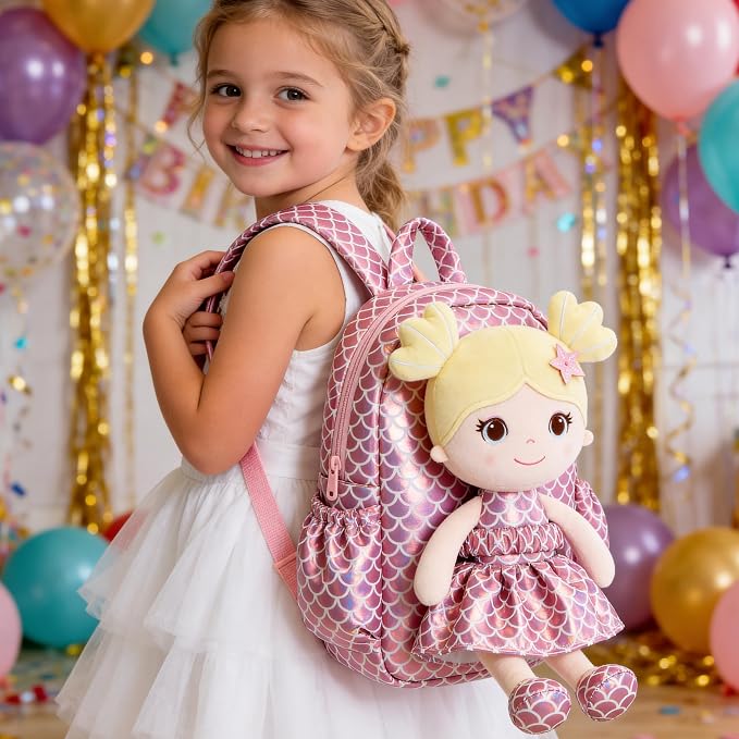 Lazada Toddler Backpack - Baby Girl Gifts Plush Doll Dress Backpack - Fashion Girls Tina Fish Scale Series - Pink11 Inches