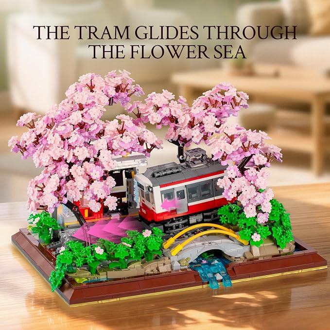 Wise Block Cherry Blossom Train Diorama Building Set – Japanese Artificial Bonsai Tree Block Set for Home Office Botanical Decor, 3150 Pcs