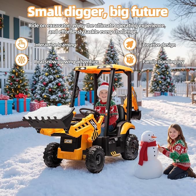 12V JCB Ride On Excavator with Remote Control, Kids Ride On Car 3–8, Front Loader & Backhoe Digging Arm, Tractor & Bulldozer Modes, Slow Start, Adjustable Speeds, Engine Start Sound (Yellow)