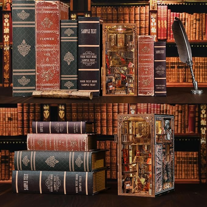 CCCDF Book Nook Kit, DIY Miniature House Kit for Adult, Dollhouse Booknook Library Tiny House Bookshelf Decor 3D Wooden Puzzle with Dust Cover, Gifts for Family, Friends (Abbey Library)