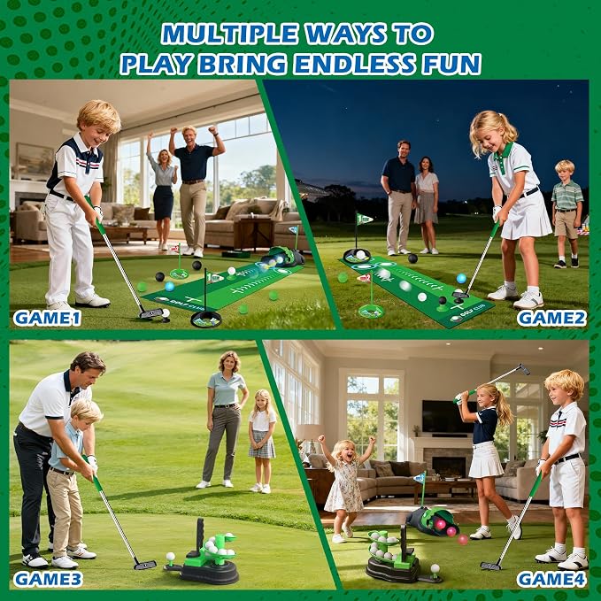 TERRAMUS Upgraded Kids Toy Golf Set, 3 in 1 Golf Toys with Dinosaur Automatic Ball Returner & Ball Launcher Led Light Up Balls, Mini Golf Toy for Ages 3-8, Indoor Outdoor Sports Gift for Boys Girls
