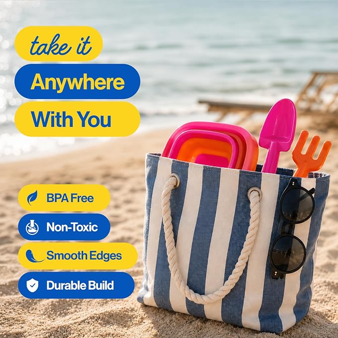 Beach Toys for Kids, 12-Piece Foldable Sand Toy Set, Silicone Beach Bucket, Sand Toys for Toddlers Ages 2-8, Beach Bucket and Shovel Set, Outdoor Beach and Sandbox Toys (Pink Set)