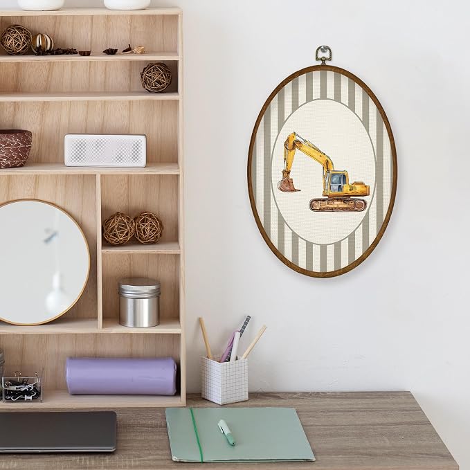 WULQYING Vintage Excavator Boy Nursery Wall Art Decor, Kids Oval Framed Canvas Art Prints, Neutral Striped Excavator Vehicle Wall Hanging Decor for Kids Boy Nursery Room Playroom, 8.5x11.4 Inches