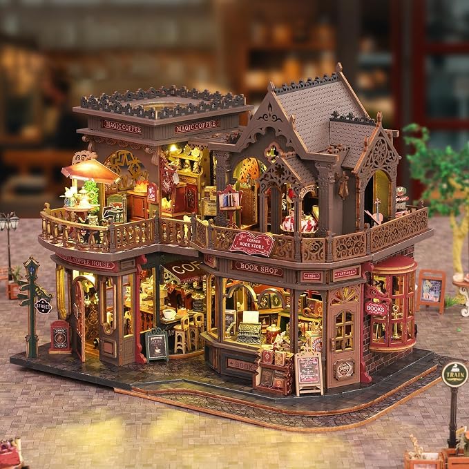 CUTEROOM DIY Miniature House Kit, Wooden Dollhouse Kit with LED Magic Tiny House Kits for Women Adult Gifts for Christmas Birthday (Book Coffee Shop)