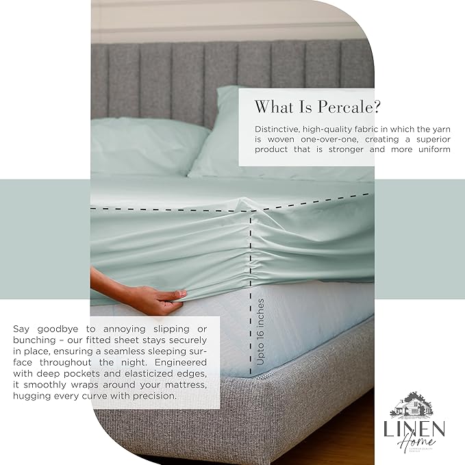 Linen Home 2-Pack Queen Sheet Set, 100% Cotton Percale Bedding, 8-Piece Value Bundle, Deep Pocket Cooling Bed Sheets for Hot Sleepers, Breathable & Crisp Hotel Quality, Long-Staple Cotton, Pastel Turk
