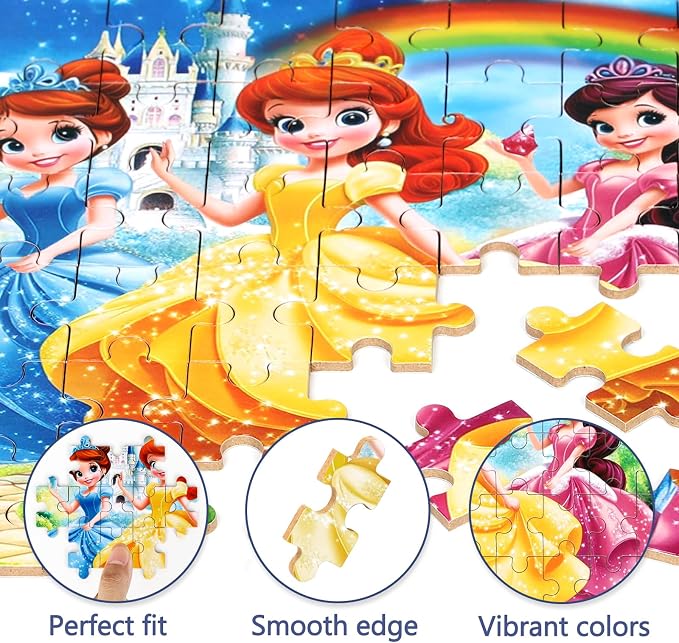 MZZOTOY Princess Puzzles for Kids Ages 4-8, 60 Pieces Jigsaw Puzzles for Kids Ages 3-5 Puzzle for Girls and Boys Learning Educational Puzzles Toys in a Metal Box