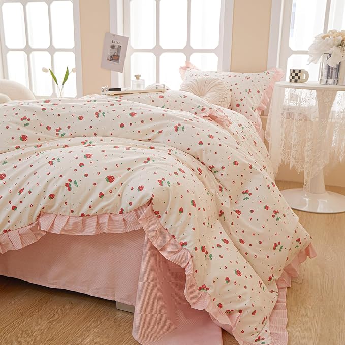 LifeTB Kawaii Pink Strawberry Comforter Set King Girls Cute Strawberry Bedding Comforter Fluffy Soft Microfiber Bedding Set 1 Ruffled Comforter with 2 Pillowcases Pink Floral Comforter Set