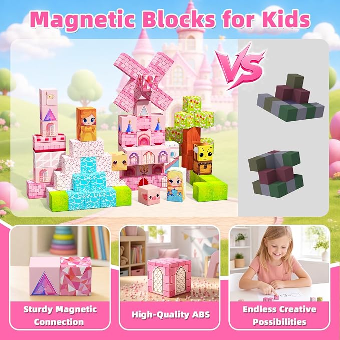 100PCS Magnetic Blocks, Magnetic Building Cube Set for Kids Ages 3+, Constructions STEM Stacking Tiles Toy Building Birthday Gifts for Girls