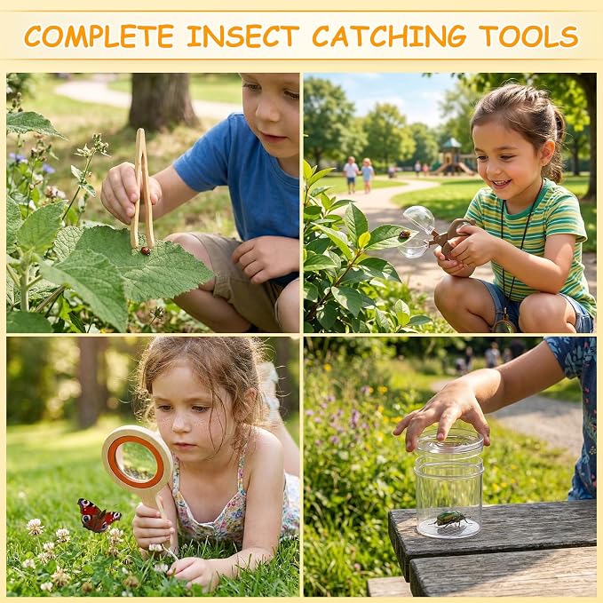 SainSmart Jr. Bug Catcher for Kids - Wooden Bug Habitat with Magnified Viewer, Butterfly Net, Observation Box, Tweezers & 15 Cards, Outdoor Toys & STEM Toys for Boys & Girls Ages 3+, Orange