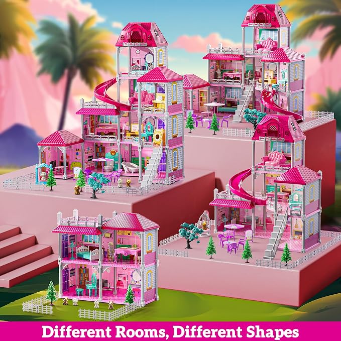 JUKUDAHU Villa Playset for Girls Ages 3-7, 4-Storey House with 10 Rooms, 2 Dolls, Furniture and Accessories, Indoor Playset Girls Toys for Ages 6-8, Pretend Toddler Toys, Birthday Gifts for Kids 4-8
