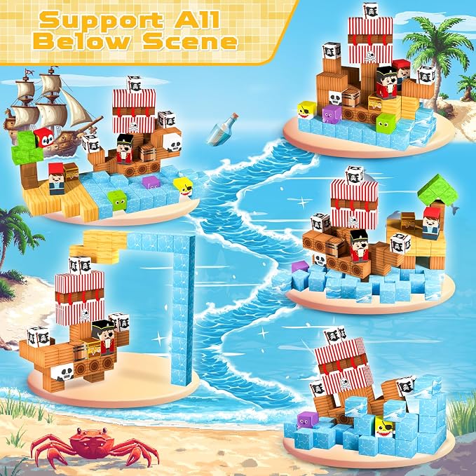 ToyUnited Magnetic Blocks - 100PCS Build Pirate-Ship World Set - Magnetic Building Cube Stacking, STEM Montessori Sensory Toys for Kids Boys Girls Ages 3 4 5 6 7 8 9 10 Easter Birthday Gifts