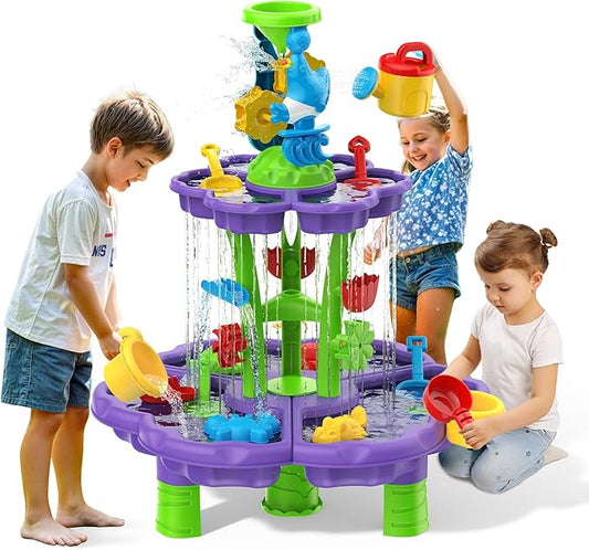 Kids Flower Water Sand Table for Toddlers - 2-Tier Outdoor Water Sand Play Table Toys for Boys Girls, Summer Splash Activity Sensory Table Party Birthday Gift for Kids 3-5 6-12(Purple)