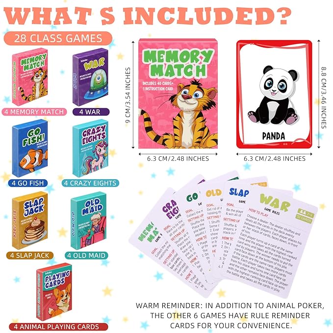 Zubebe 7 Pack Kids Card Games Gifts Bulk Classic Playing Card Game Set for Kids Includes Go Fish, Old Maid, Crazy Eights, Memory Match, Slap Jack, Playing Toy for Party Favors (Classic)
