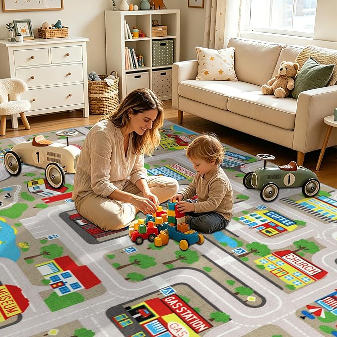 Capslpad Tan Car Road Kid Rug Carpet Playmat for Playoom Traffic Road Kids Play Mat for Toddler Non Slip Washable City Map Race Track Carpet Rug for Kids Room Playroom Classroom Decor,6.6'x9.8'