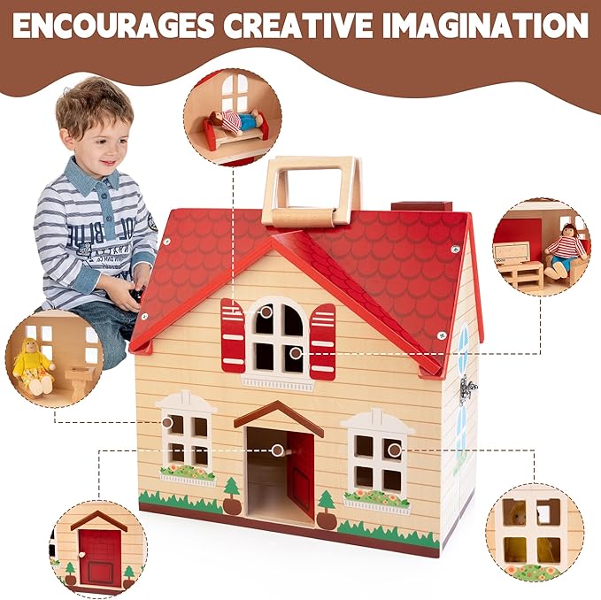 Foldable Wooden Dollhouse with 13PCS Furniture, 4 Rooms and 2 Flexible Dolls, Pretend Play Doll House Set with Portable Handle, Christmas Birthday Gift for Boys Girls Age 3+, Cottages